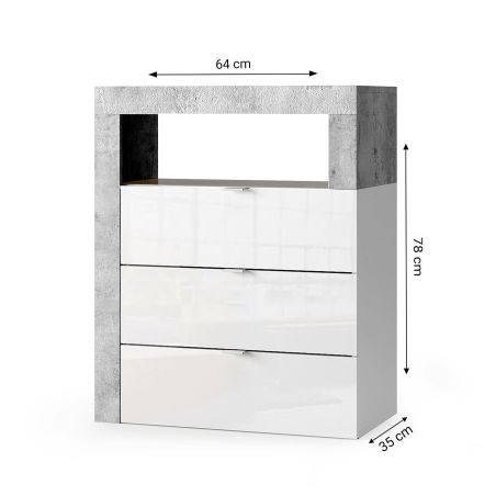 Commode 3 tiroirs BURGA BETON 64 cm pour salle de bain en blanc brillant et décor béton