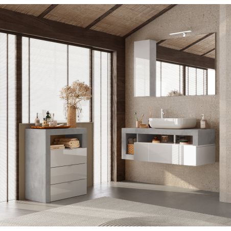 Commode 3 tiroirs BURGA BETON 64 cm pour salle de bain en blanc brillant et décor béton