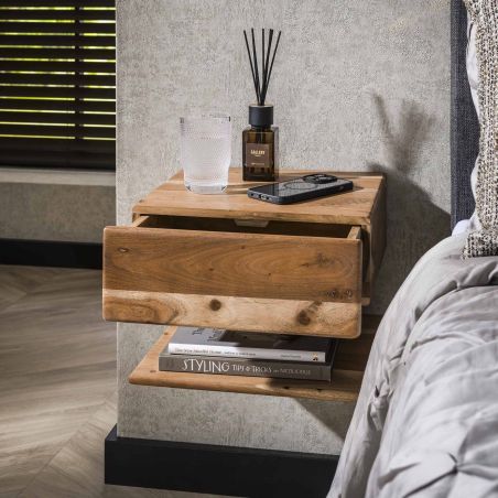 Chevet SHELBY en bois d'acacia avec 1 tiroir et 1 niche
