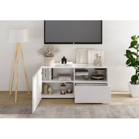 Meuble TV 120 cm JANEIRO BLANC avec 1 porte 1 tiroir et 2 niches