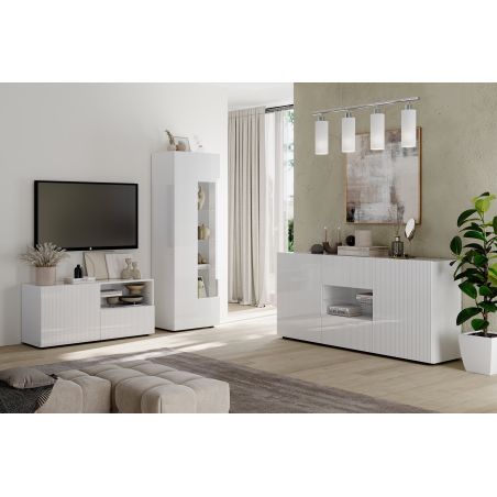 Meuble TV 120 cm JANEIRO BLANC avec 1 porte 1 tiroir et 2 niches