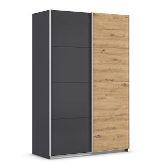 Armoire 136 cm DRAKAR avec 2 portes coulissantes en décor gris métal et chêne Artisan