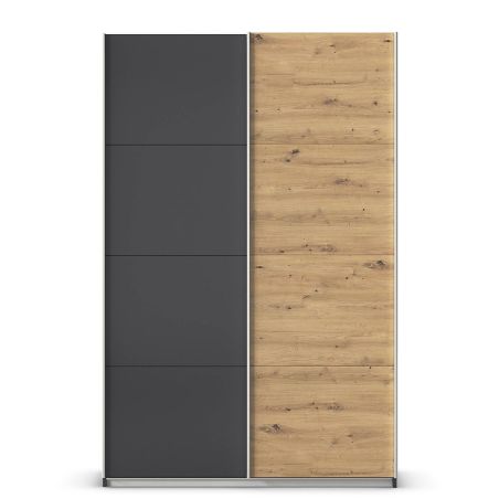 Armoire 136 cm DRAKAR avec 2 portes coulissantes en décor gris métal et chêne Artisan