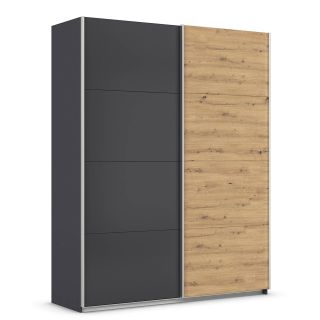 Armoire 181 cm DRAKAR avec 2 portes coulissantes en décor gris métal et chêne Artisan