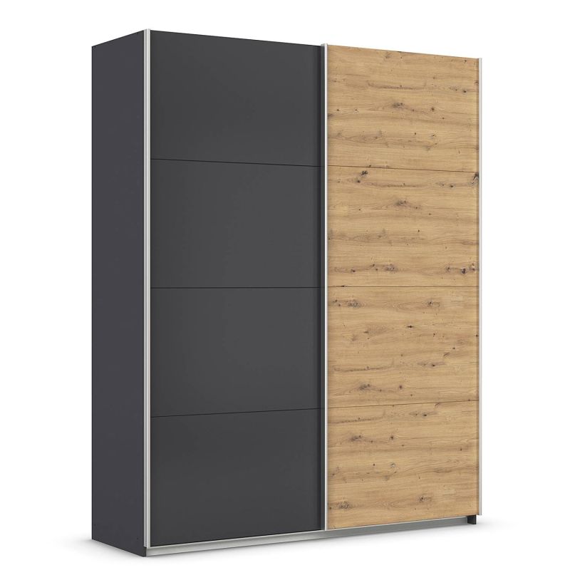 Armoire 181 cm DRAKAR avec 2 portes coulissantes en décor gris métal et chêne Artisan