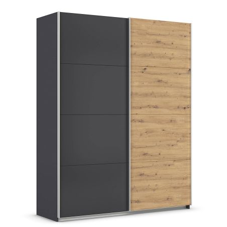 Armoire 181 cm DRAKAR avec 2 portes coulissantes en décor gris métal et chêne Artisan
