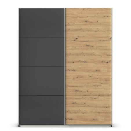 Armoire 181 cm DRAKAR avec 2 portes coulissantes en décor gris métal et chêne Artisan