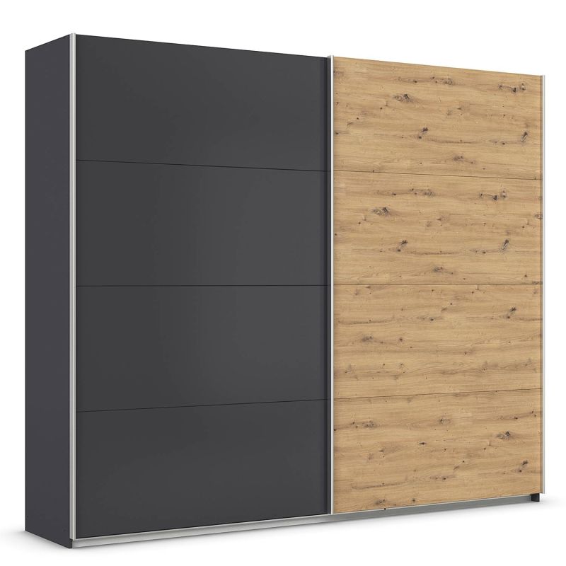 Armoire 271 cm DRAKAR avec 2 portes coulissantes en décor gris métal et chêne Artisan