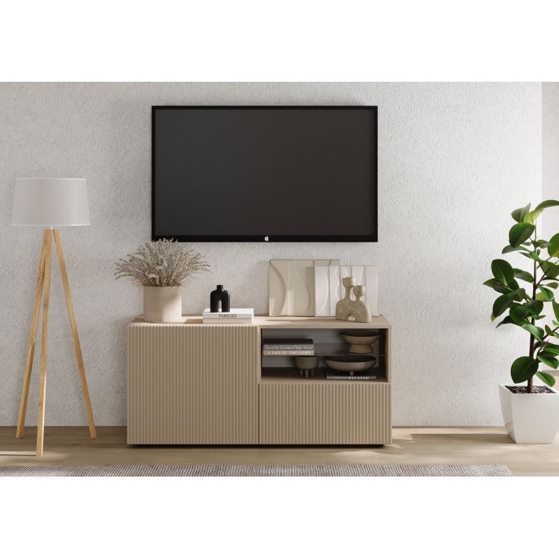 Meuble TV 120 cm JANEIRO CACHEMIRE avec 1 porte 1 tiroir et 2 niches