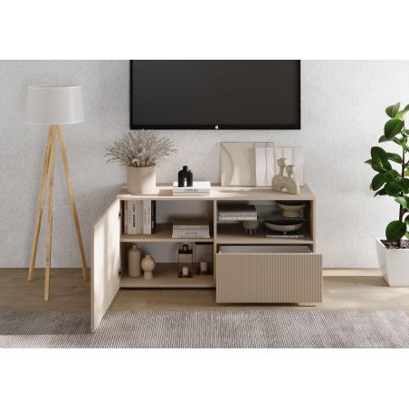 Meuble TV 120 cm JANEIRO CACHEMIRE avec 1 porte 1 tiroir et 2 niches