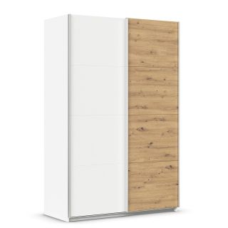 Armoire 136 cm DRAKAR avec 2 portes coulissantes en décor blanc mat et chêne Artisan