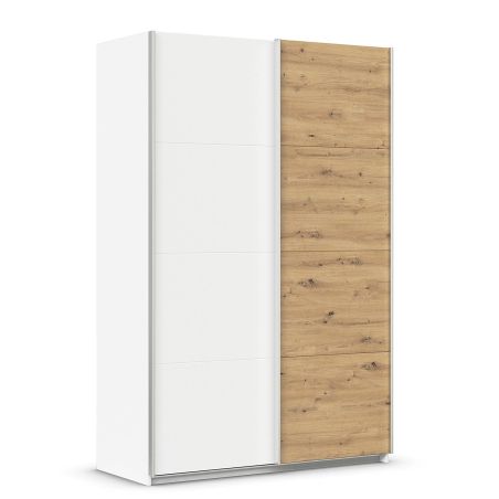 Armoire 136 cm DRAKAR avec 2 portes coulissantes en décor blanc mat et chêne Artisan