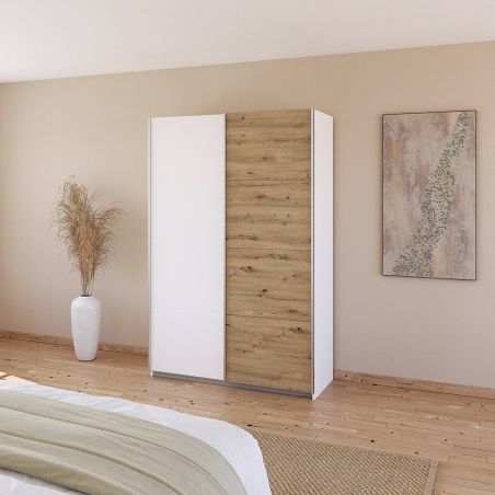 Armoire 136 cm DRAKAR avec 2 portes coulissantes en décor blanc mat et chêne Artisan