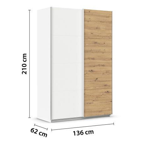 Armoire 136 cm DRAKAR avec 2 portes coulissantes en décor blanc mat et chêne Artisan