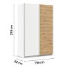 Armoire 136 cm DRAKAR avec 2 portes coulissantes en décor blanc mat et chêne Artisan