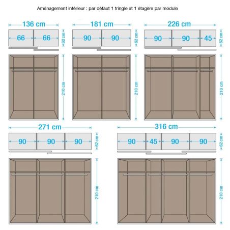 Armoire 136 cm DRAKAR avec 2 portes coulissantes en décor blanc mat et chêne Artisan