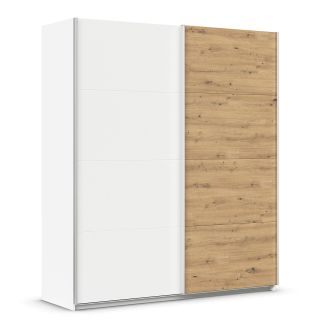 Armoire 181 cm DRAKAR avec 2 portes coulissantes en décor blanc mat et chêne Artisan