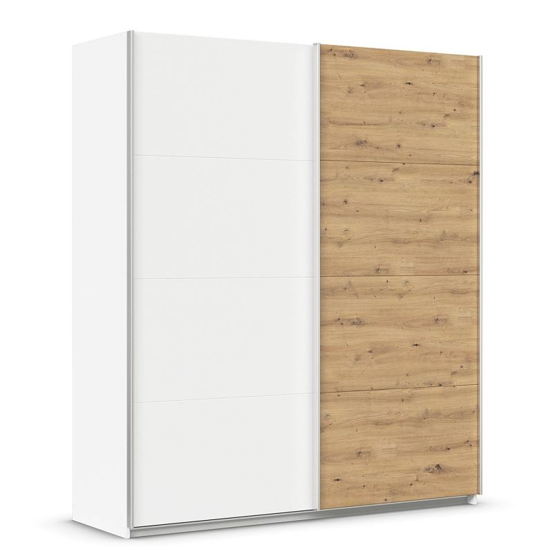 Armoire 181 cm DRAKAR avec 2 portes coulissantes en décor blanc mat et chêne Artisan