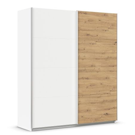Armoire 181 cm DRAKAR avec 2 portes coulissantes en décor blanc mat et chêne Artisan