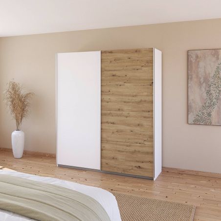 Armoire 181 cm DRAKAR avec 2 portes coulissantes en décor blanc mat et chêne Artisan