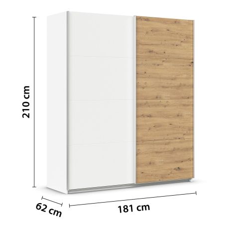 Armoire 181 cm DRAKAR avec 2 portes coulissantes en décor blanc mat et chêne Artisan