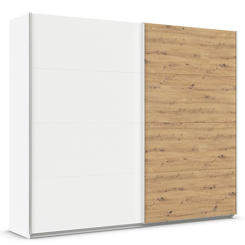 Armoire 271 cm DRAKAR avec 2 portes coulissantes en décor blanc mat et chêne Artisan