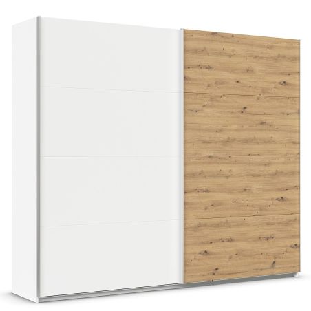 Armoire 271 cm DRAKAR avec 2 portes coulissantes en décor blanc mat et chêne Artisan
