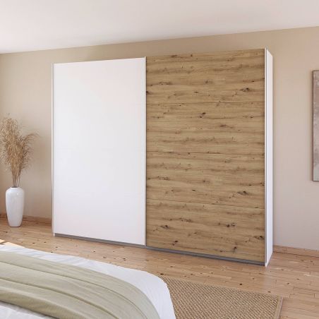 Armoire 271 cm DRAKAR avec 2 portes coulissantes en décor blanc mat et chêne Artisan