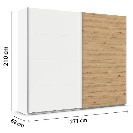 Armoire 271 cm DRAKAR avec 2 portes coulissantes en décor blanc mat et chêne Artisan