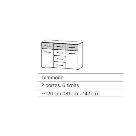 Commode 120 cm Boston en décor blanc neige et chêne Artisan avec 2 portes et 6 tiroirs