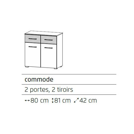 Commode 80 cm Boston en décor blanc neige et chêne Artisan avec 2 portes et 2 tiroirs