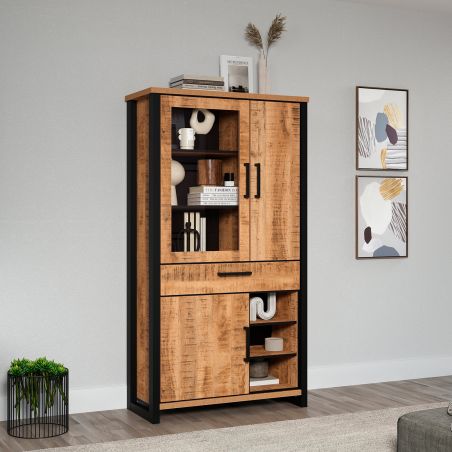 Vitrine MABEL avec 1 porte vitrée, 2 portes pleines, 1 tiroir et 3 niches