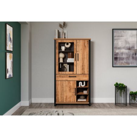 Vitrine MABEL avec 1 porte vitrée, 2 portes pleines, 1 tiroir et 3 niches