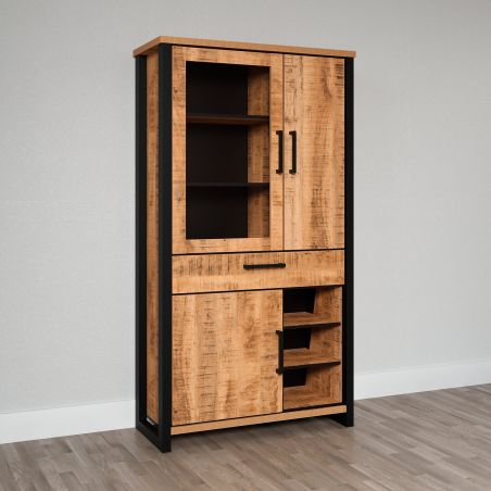 Vitrine MABEL avec 1 porte vitrée, 2 portes pleines, 1 tiroir et 3 niches