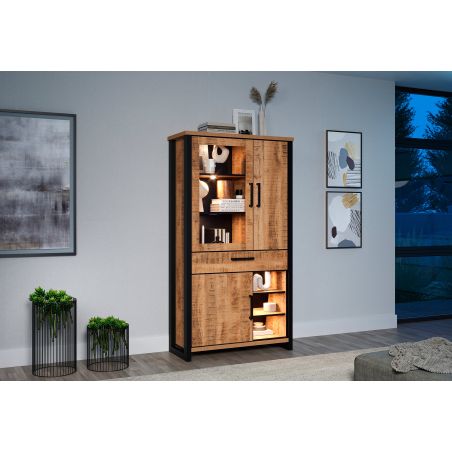Vitrine MABEL avec 1 porte vitrée, 2 portes pleines, 1 tiroir et 3 niches
