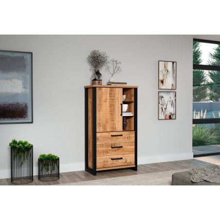 Buffet haut MABEL avec 1 porte pleine, 3 tiroirs et 3 niches