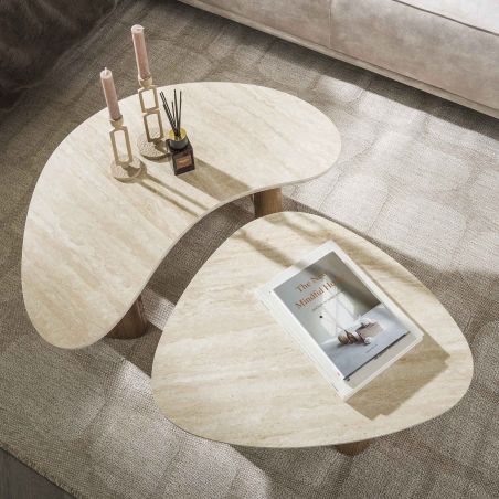 Set de 2 tables basses ARMAND en céramique finition travertin 1