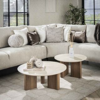 Set de 2 tables basses rondes ARMAND en céramique finition travertin