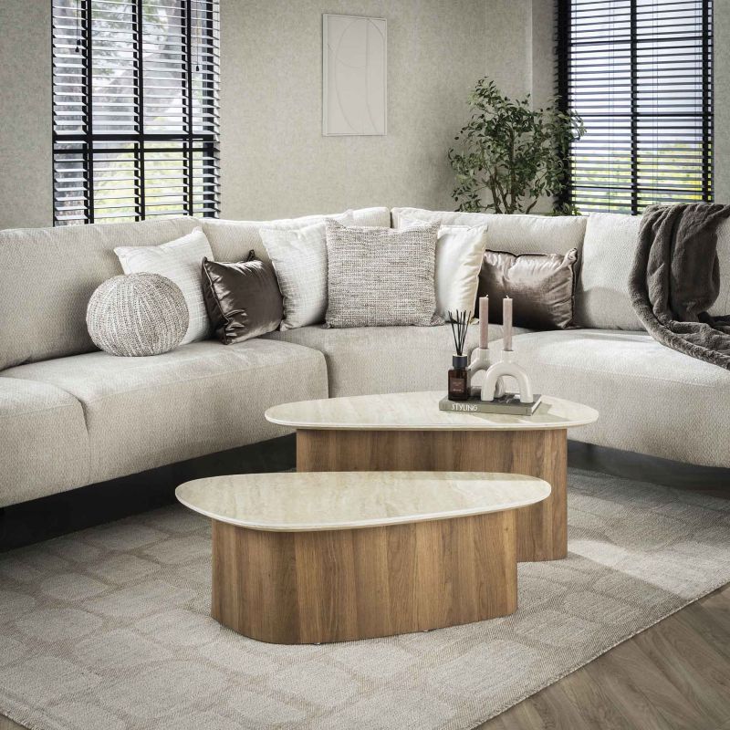 Set de 2 tables basses ARMAND en céramique finition travertin - forme triangulaire