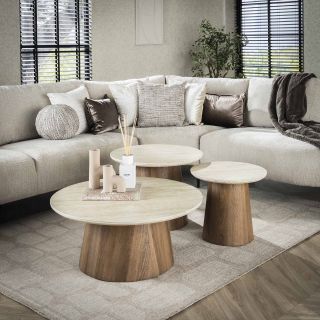Set de 3 tables basses rondes ARMAND en céramique finition travertin