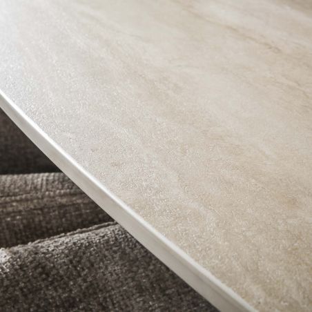 Table ovale SILAS 180 cm en céramique 3D travertin avec piètement en métal