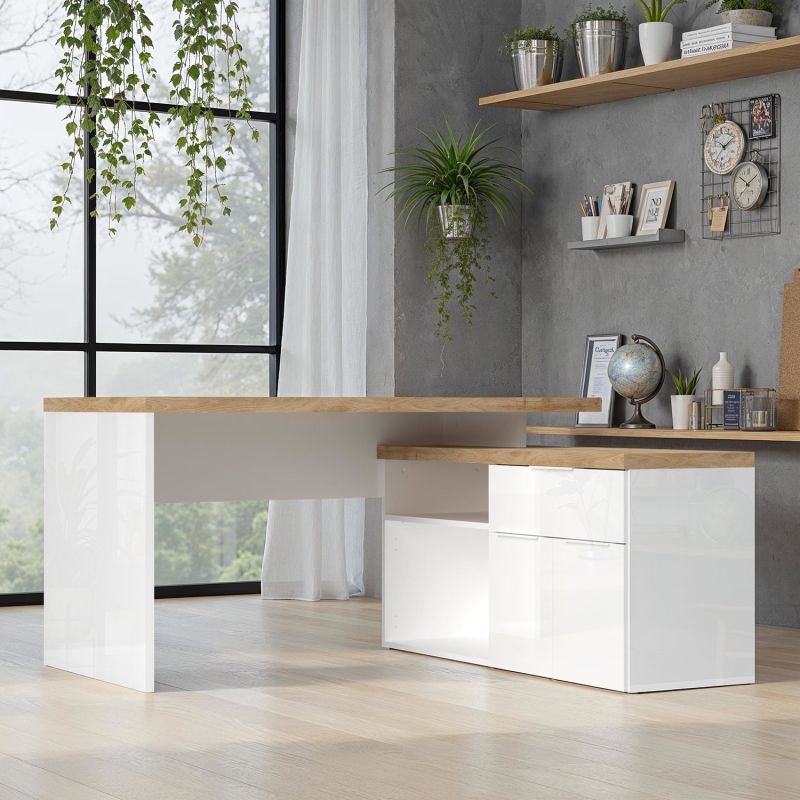 Bureau d'angle AURELIA en blanc brillant et décor chêne cadiz