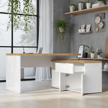 Bureau d'angle AURELIA en blanc brillant et décor chêne cadiz