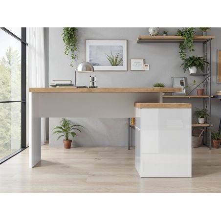 Bureau d'angle AURELIA en blanc brillant et décor chêne cadiz