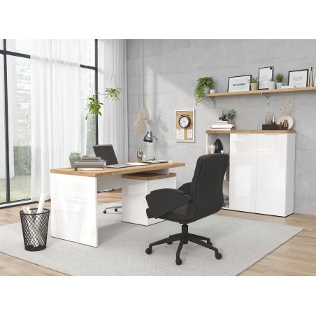 Bureau droit 160 cm AURELIA avec 3 tiroirs en blanc brillant et décor chêne cadiz