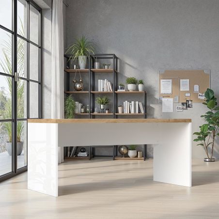 Bureau droit 138 cm AURELIA en blanc brillant et décor chêne cadiz