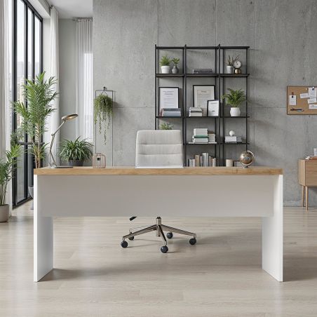 Bureau droit 138 cm AURELIA en blanc brillant et décor chêne cadiz