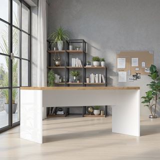 Bureau droit 160 cm AURELIA en blanc brillant et décor chêne cadiz