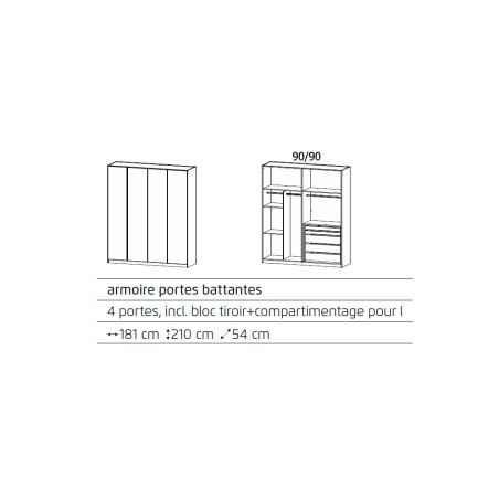 Armoire 4 portes 181 cm OBERON en décor blanc mat avec accessoires intérieurs inclus