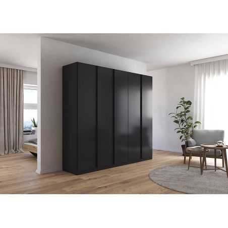 Armoire 5 portes 226 cm OBERON en décor gris métal avec accessoires intérieurs inclus